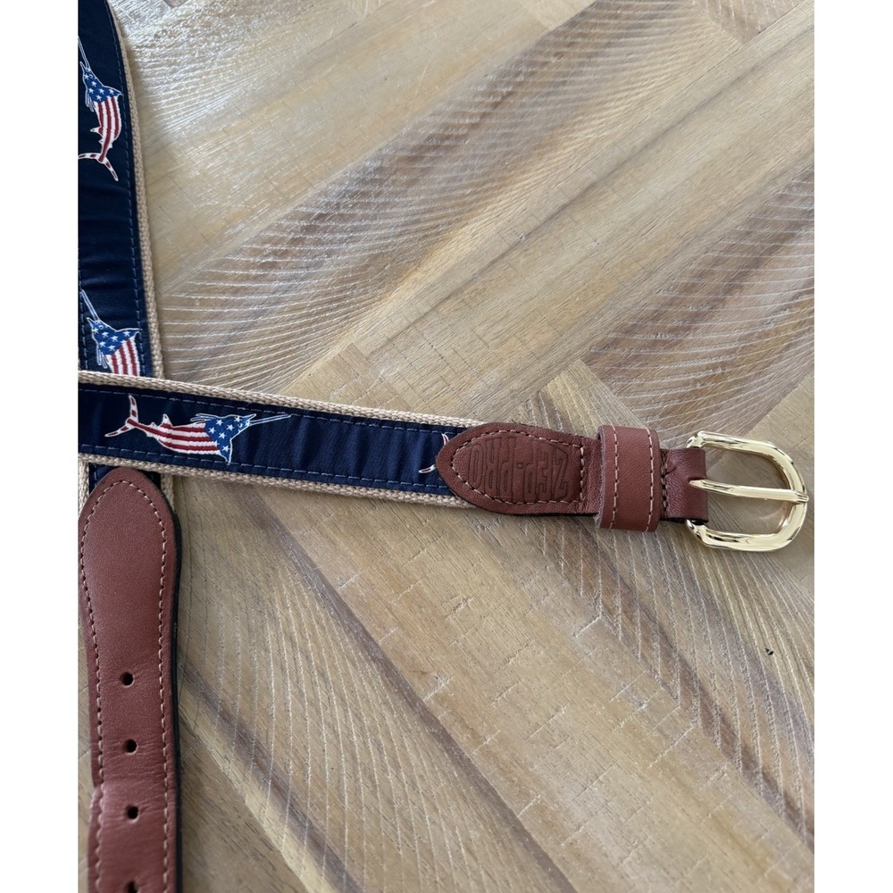 Mens Zeppro belt Swordfish Leather Woven Nautical Embroidered 42 USA Brass Zep - Picture 3 of 5